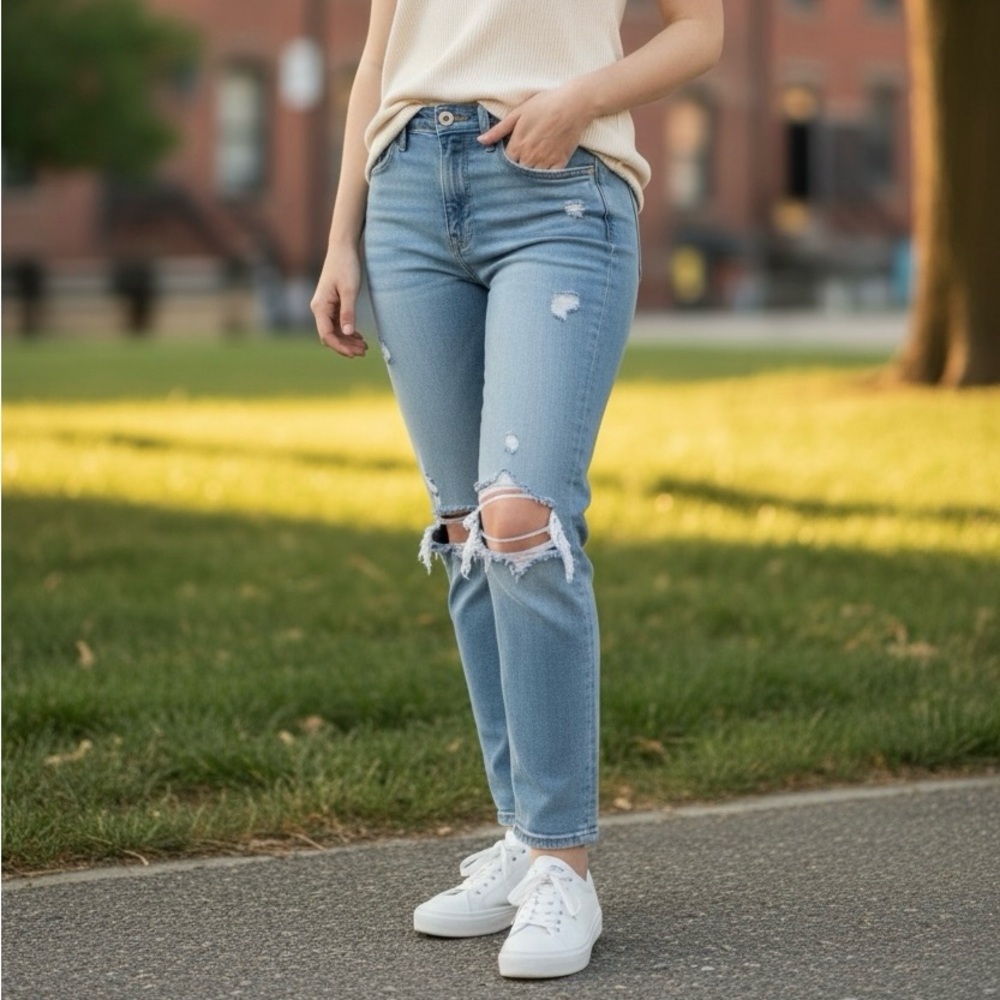American Eagle Outfitters Light Wash Distressed Stretch Denim Jeans Size 0